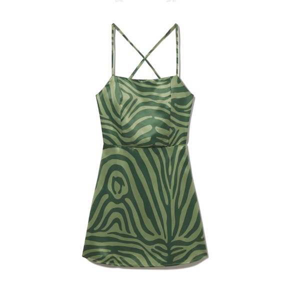slim fit dress slacks Pilgrim Green Asymmetric Zebra Print Ruched Waist Halter Dress